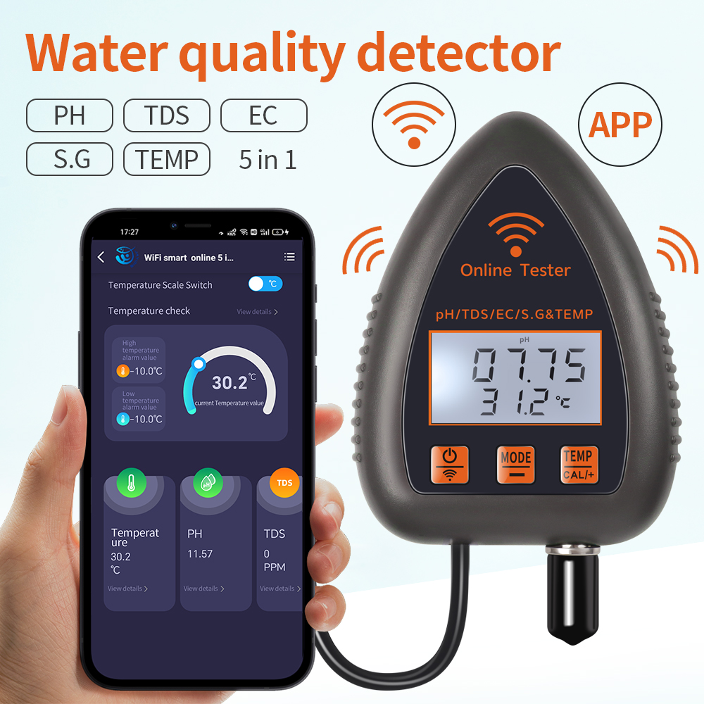 Ph Meter Digital Water Tester - Tuya WiFi 5 in 1 TDS/EC/SALT/S.G./TEMP